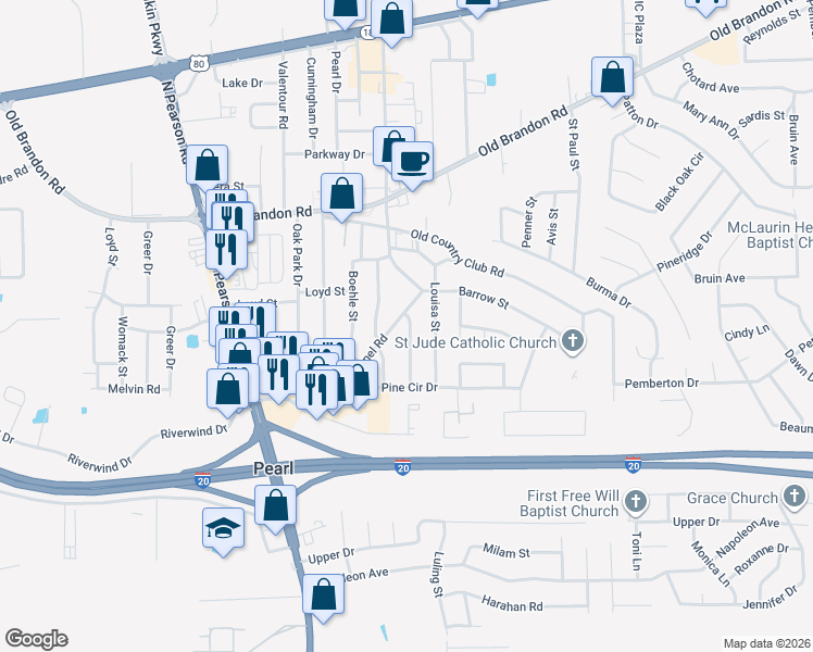 map of restaurants, bars, coffee shops, grocery stores, and more near 325 Lionel Road in Pearl