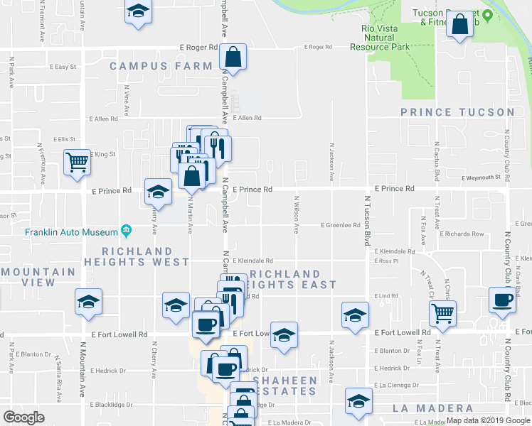 map of restaurants, bars, coffee shops, grocery stores, and more near 3514 North Olsen Avenue in Tucson