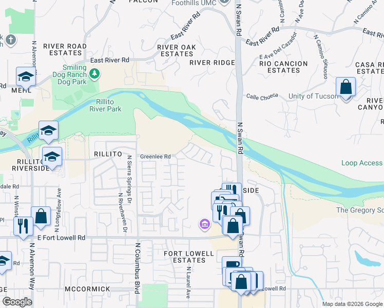 map of restaurants, bars, coffee shops, grocery stores, and more near 3517 North Brookhaven Lane in Tucson