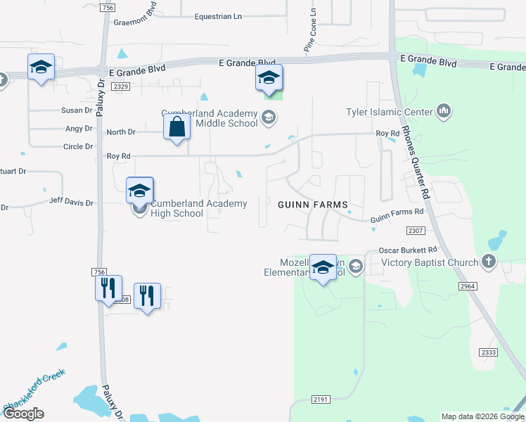 map of restaurants, bars, coffee shops, grocery stores, and more near 6024 Grace Avenue in Tyler