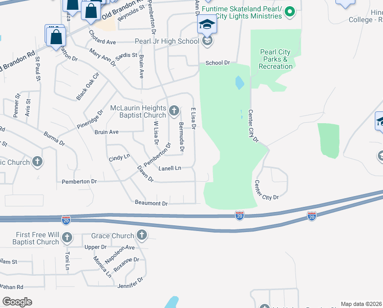 map of restaurants, bars, coffee shops, grocery stores, and more near 3451 E Lisa Dr in Pearl