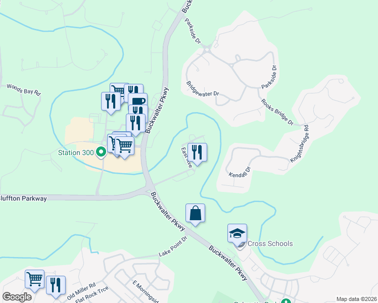 map of restaurants, bars, coffee shops, grocery stores, and more near 200 Cross Road in Bluffton