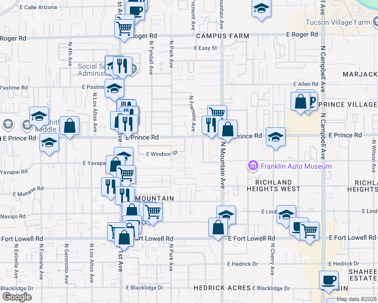 map of restaurants, bars, coffee shops, grocery stores, and more near 3525 North Olive Road in Tucson