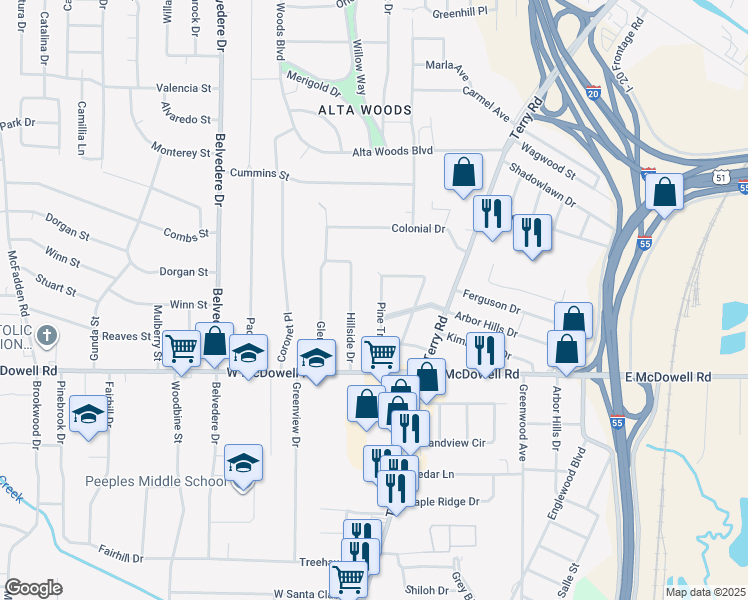 map of restaurants, bars, coffee shops, grocery stores, and more near 2639 Pine Tree Drive in Jackson