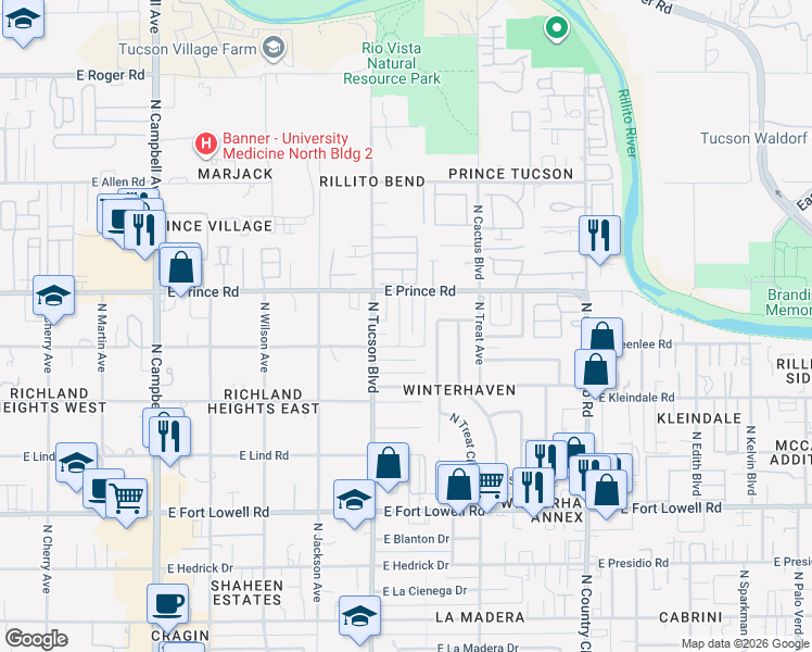map of restaurants, bars, coffee shops, grocery stores, and more near 3525 N Palmer Dr in Tucson
