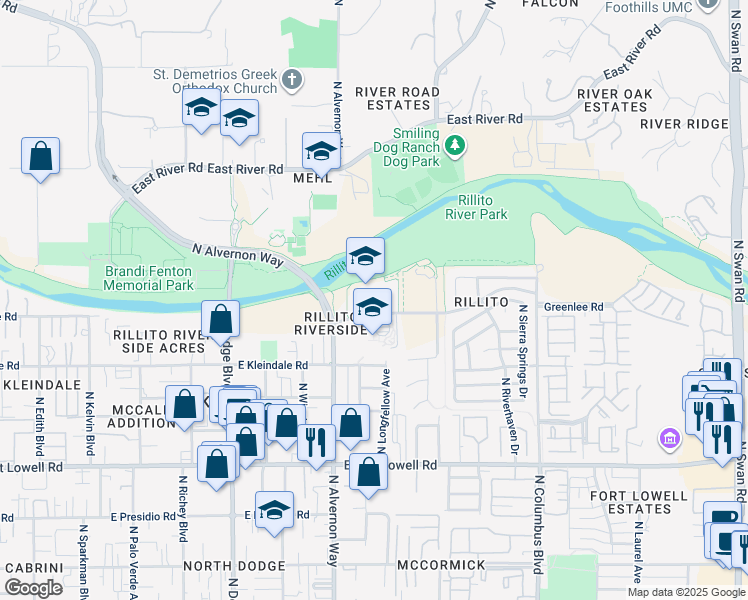 map of restaurants, bars, coffee shops, grocery stores, and more near 3925 East Paradise Falls Drive in Tucson