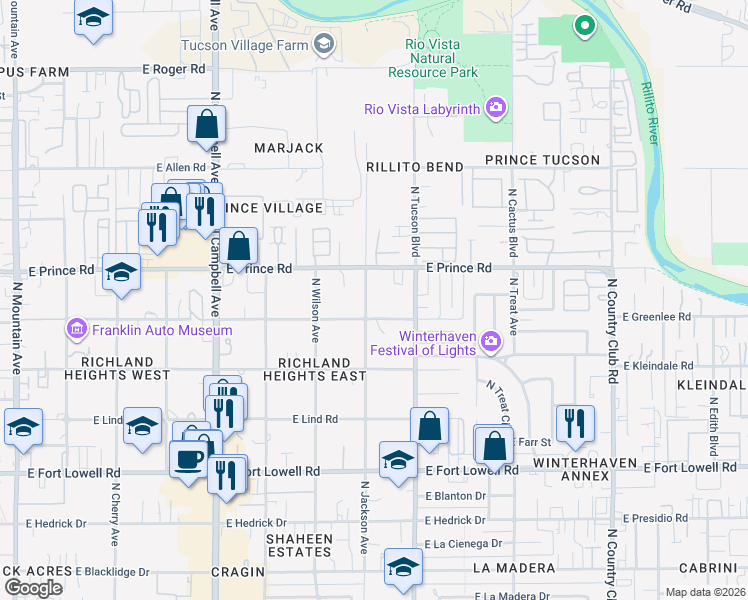 map of restaurants, bars, coffee shops, grocery stores, and more near 3518 North Jackson Avenue in Tucson