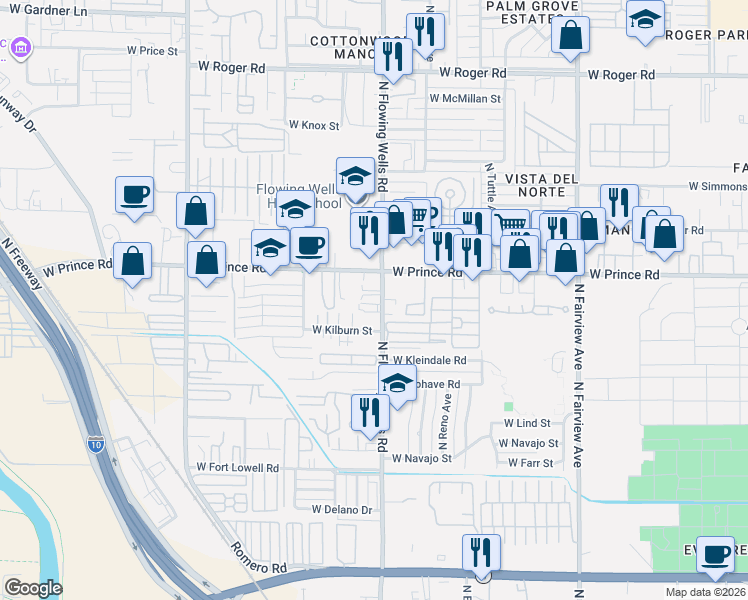 map of restaurants, bars, coffee shops, grocery stores, and more near 3543 North Flowing Wells Road in Tucson