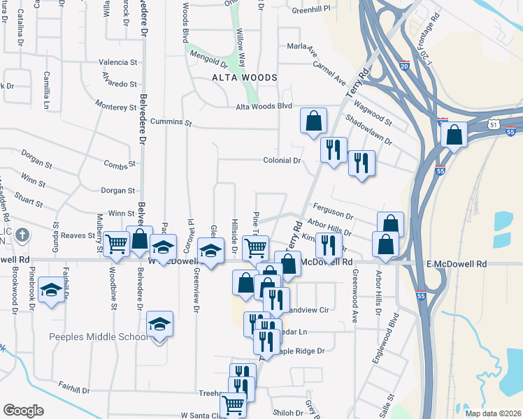 map of restaurants, bars, coffee shops, grocery stores, and more near 2639 Pine Tree Drive in Jackson