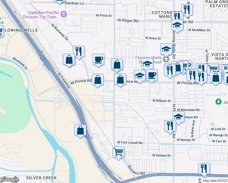 map of restaurants, bars, coffee shops, grocery stores, and more near 3538 North Romero Road in Tucson