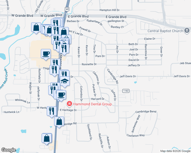 map of restaurants, bars, coffee shops, grocery stores, and more near 8207 Clemson Drive in Tyler