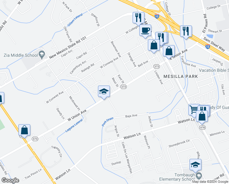 map of restaurants, bars, coffee shops, grocery stores, and more near 3323 Conlee Lane in Las Cruces