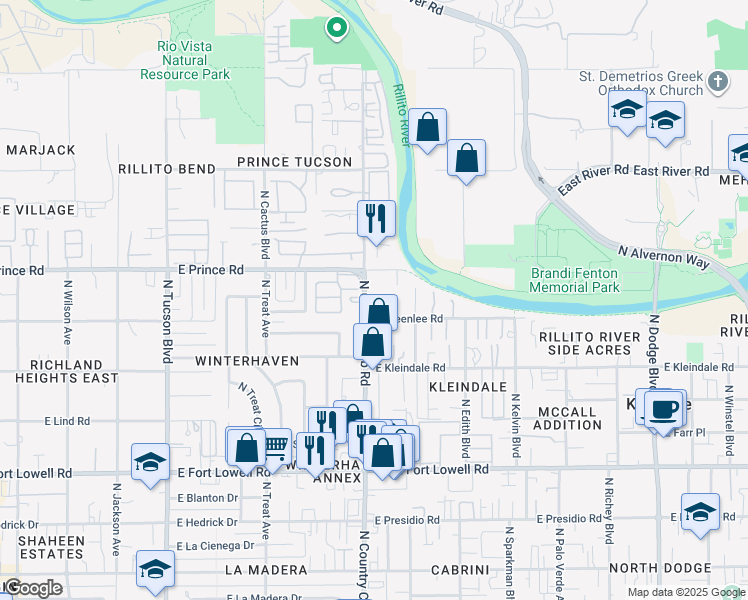 map of restaurants, bars, coffee shops, grocery stores, and more near 3540 North Country Club Road in Tucson