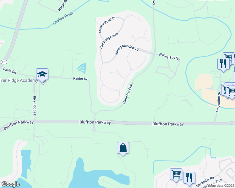 map of restaurants, bars, coffee shops, grocery stores, and more near 4 Rosewood Lane in Bluffton