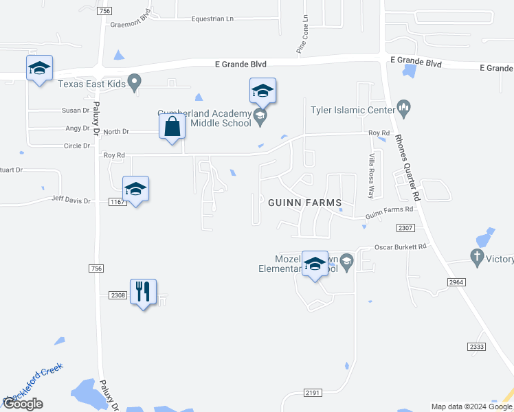 map of restaurants, bars, coffee shops, grocery stores, and more near 6020 Grace Avenue in Tyler