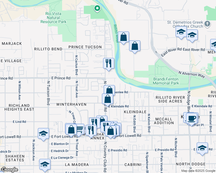 map of restaurants, bars, coffee shops, grocery stores, and more near 3524 North Country Club Road in Tucson