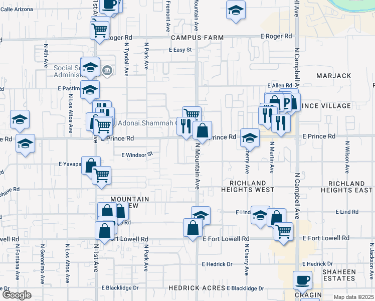 map of restaurants, bars, coffee shops, grocery stores, and more near 1205 East Greenlee Road in Tucson