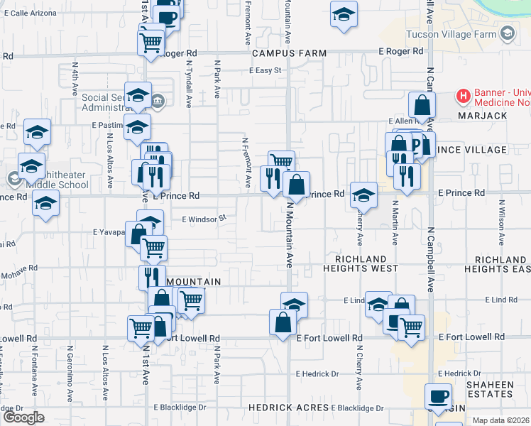 map of restaurants, bars, coffee shops, grocery stores, and more near 1205 East Greenlee Road in Tucson