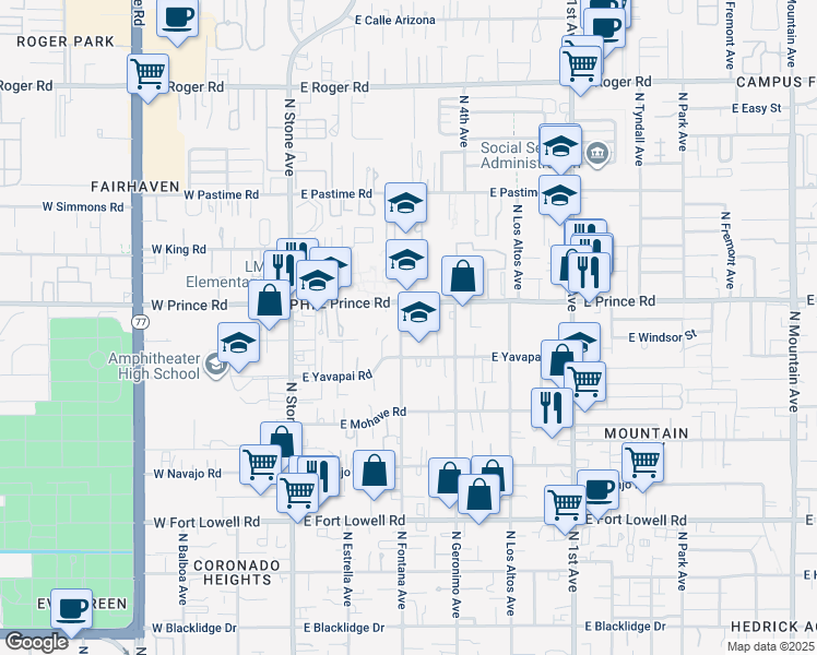 map of restaurants, bars, coffee shops, grocery stores, and more near 319 East Windsor Street in Tucson