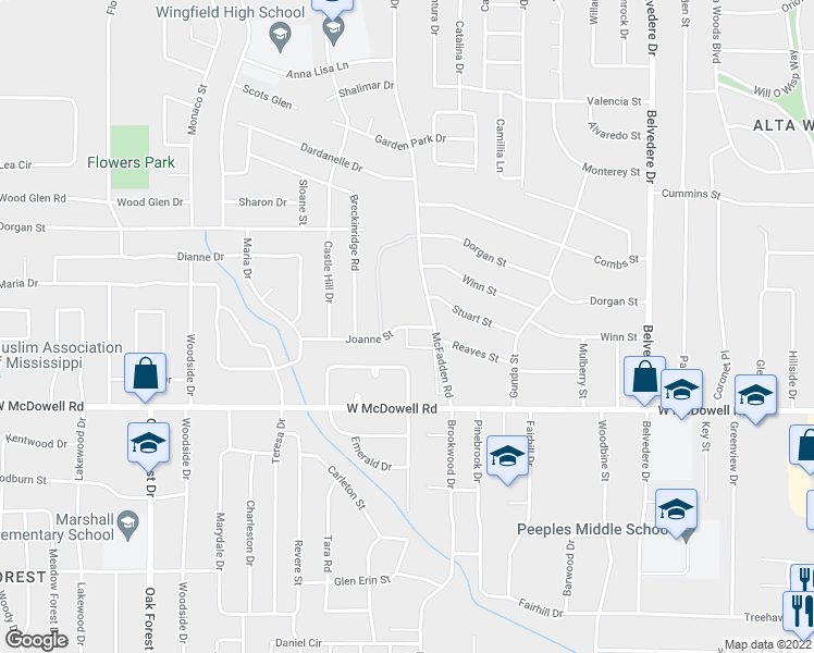 map of restaurants, bars, coffee shops, grocery stores, and more near 1133 Joanne Street in Jackson