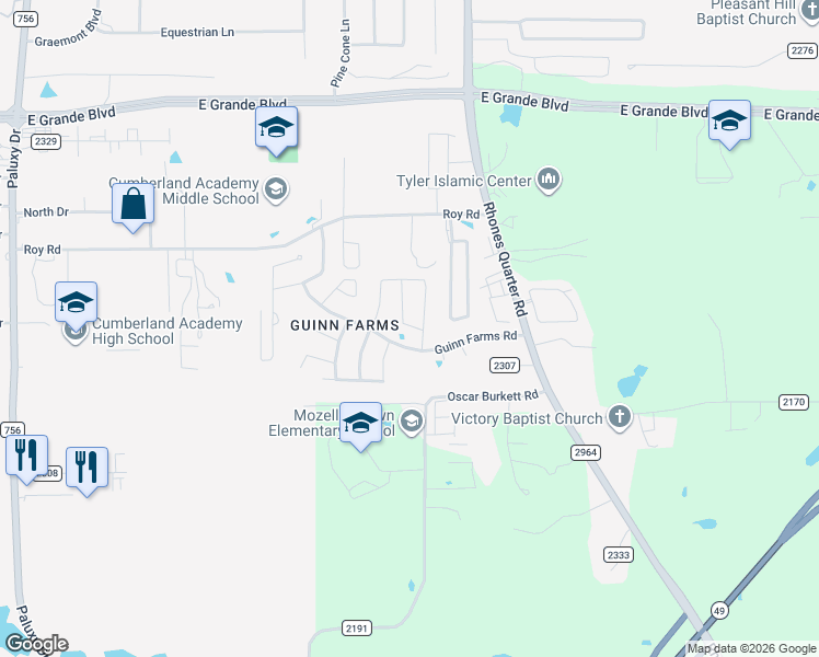 map of restaurants, bars, coffee shops, grocery stores, and more near 2868 Guinn Farms Road in Tyler