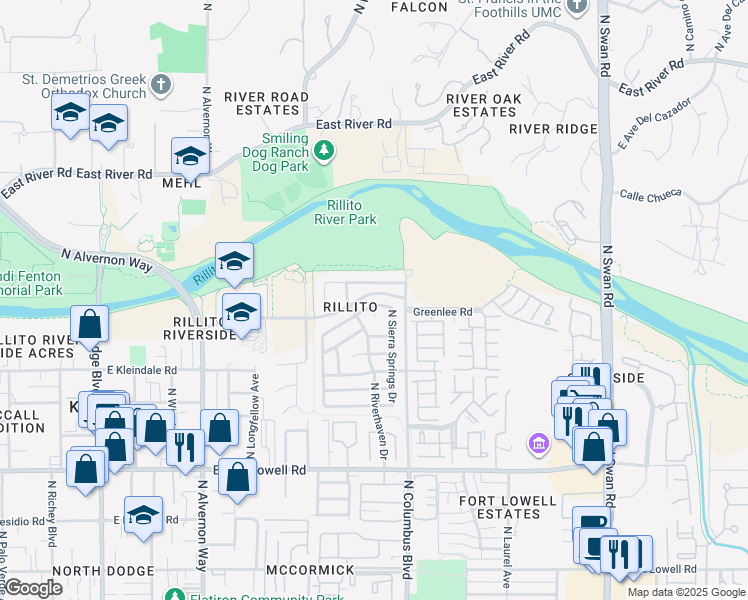 map of restaurants, bars, coffee shops, grocery stores, and more near 4241 East Boulder Springs Way in Tucson