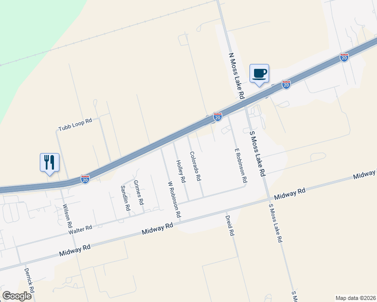 map of restaurants, bars, coffee shops, grocery stores, and more near 6805 North Service Road in Big Spring