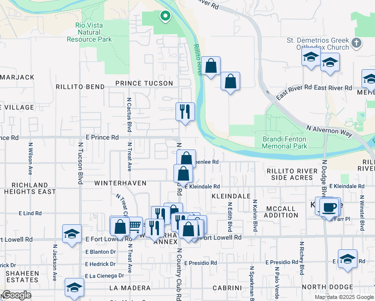 map of restaurants, bars, coffee shops, grocery stores, and more near 3524 North Country Club Road in Tucson