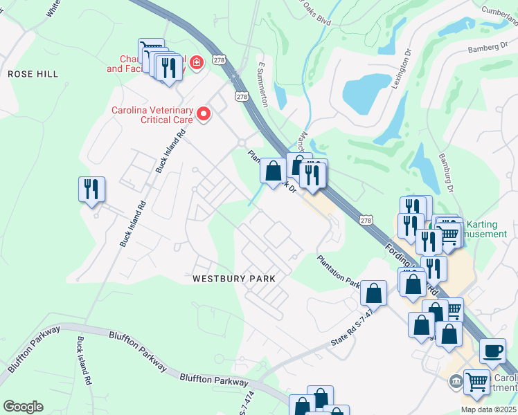 map of restaurants, bars, coffee shops, grocery stores, and more near 71 Kensington Boulevard in Bluffton