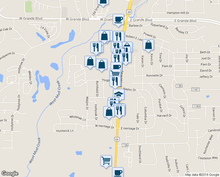 map of restaurants, bars, coffee shops, grocery stores, and more near 202 Thigpen Drive in Tyler