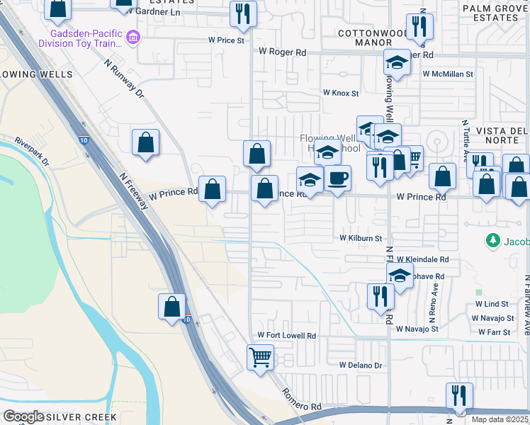 map of restaurants, bars, coffee shops, grocery stores, and more near 3538 North Romero Road in Tucson