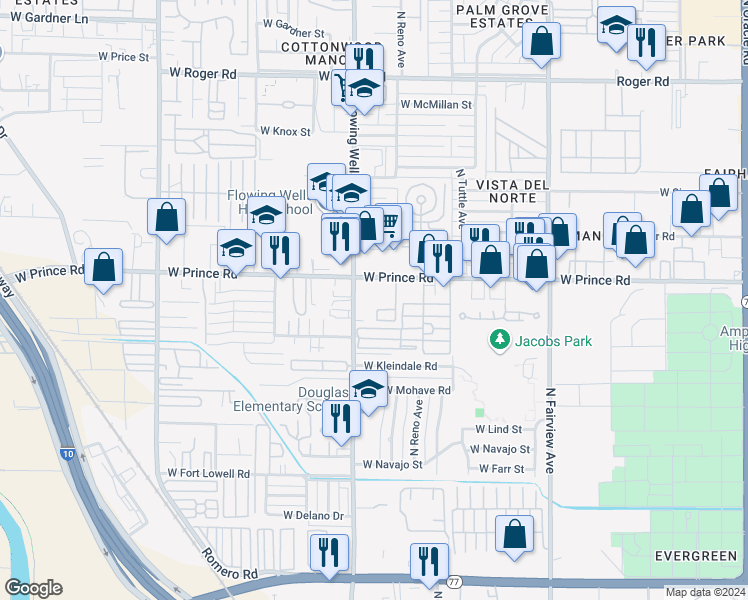 map of restaurants, bars, coffee shops, grocery stores, and more near 1343 West Prince Road in Tucson