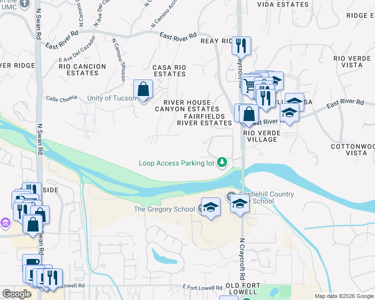 map of restaurants, bars, coffee shops, grocery stores, and more near 5240 East River House Road in Tucson