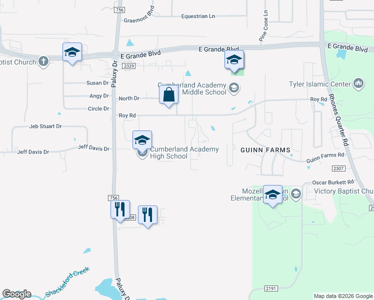 map of restaurants, bars, coffee shops, grocery stores, and more near 2205 Roy Road in Tyler