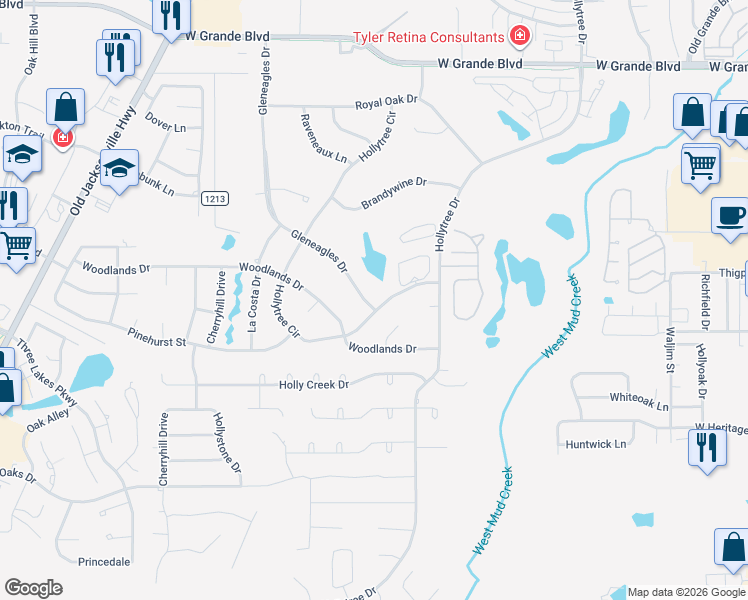 map of restaurants, bars, coffee shops, grocery stores, and more near 7006 Hollytree Circle in Tyler