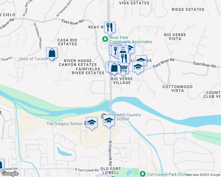 map of restaurants, bars, coffee shops, grocery stores, and more near North Craycroft Road in Tucson