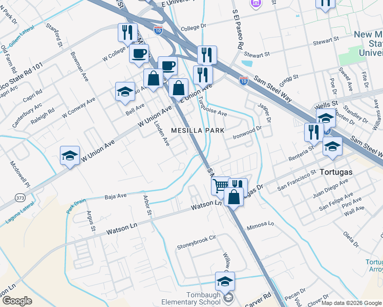 map of restaurants, bars, coffee shops, grocery stores, and more near 3775 Linden Avenue in Las Cruces