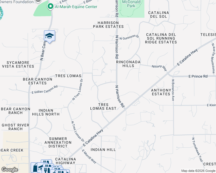 map of restaurants, bars, coffee shops, grocery stores, and more near 9464 East Wasatch Place in Tucson