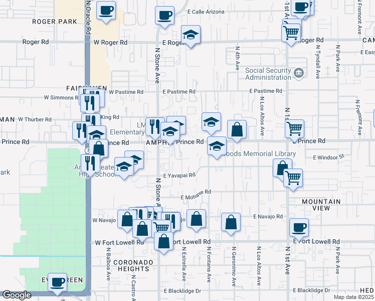 map of restaurants, bars, coffee shops, grocery stores, and more near 3550 North Estrella Avenue in Tucson