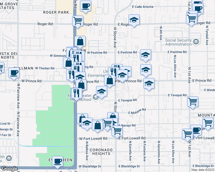 map of restaurants, bars, coffee shops, grocery stores, and more near 70 West Windsor Street in Tucson