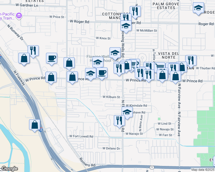 map of restaurants, bars, coffee shops, grocery stores, and more near 1455 West Prince Road in Tucson