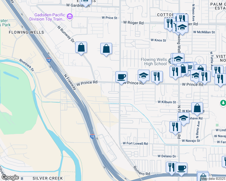 map of restaurants, bars, coffee shops, grocery stores, and more near 3445 North Romero Road in Tucson