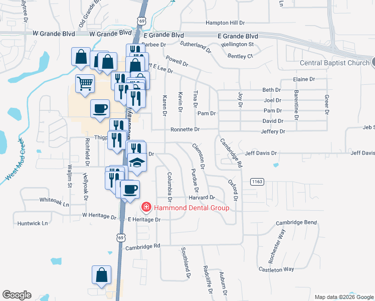 map of restaurants, bars, coffee shops, grocery stores, and more near 8204 Purdue Drive in Tyler