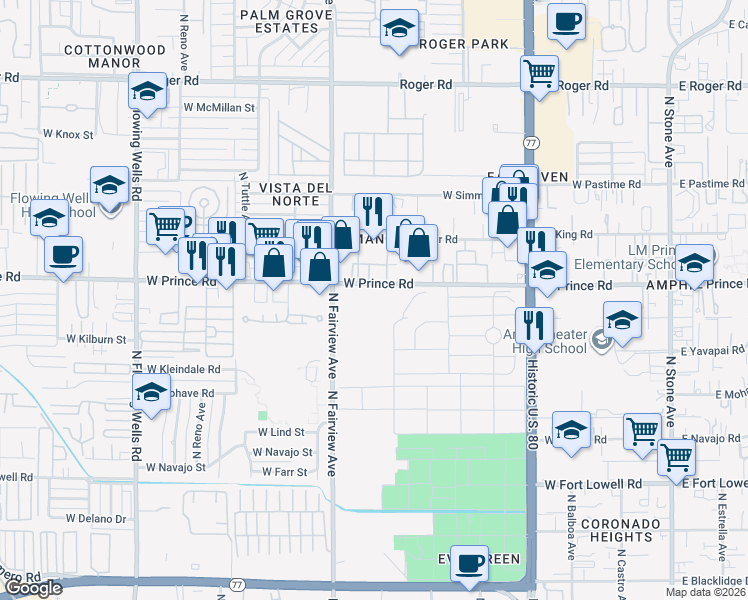 map of restaurants, bars, coffee shops, grocery stores, and more near 835 West Prince Road in Tucson