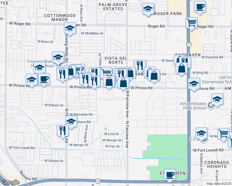 map of restaurants, bars, coffee shops, grocery stores, and more near 975 West Prince Road in Tucson