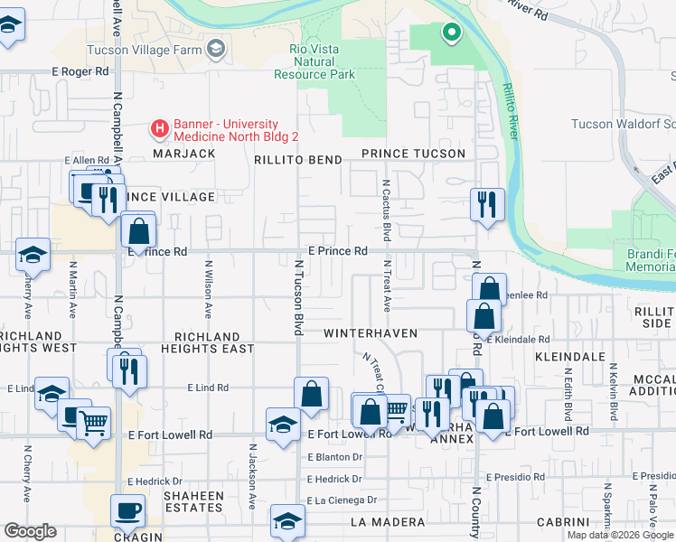 map of restaurants, bars, coffee shops, grocery stores, and more near 3525 North Palmer Drive in Tucson