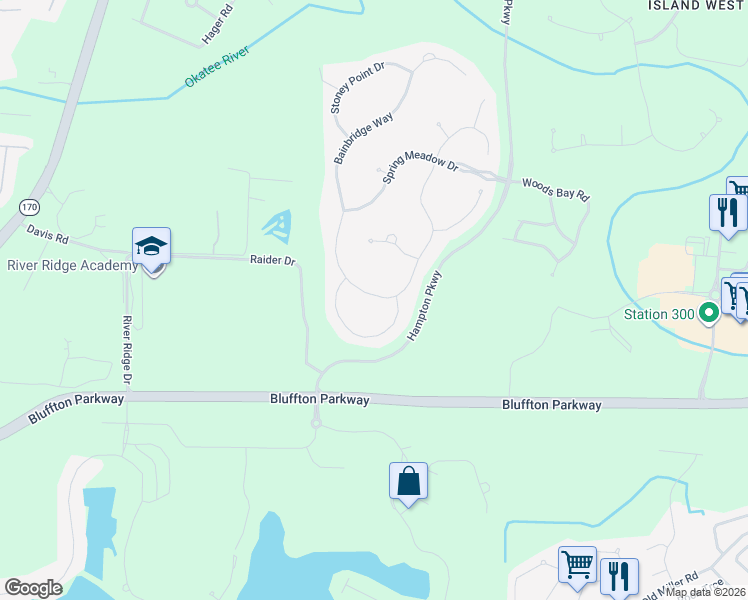 map of restaurants, bars, coffee shops, grocery stores, and more near 4 Rosewood Lane in Bluffton