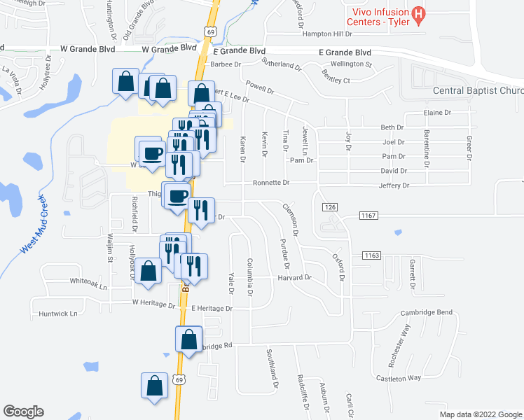 map of restaurants, bars, coffee shops, grocery stores, and more near 8203 Purdue Drive in Tyler
