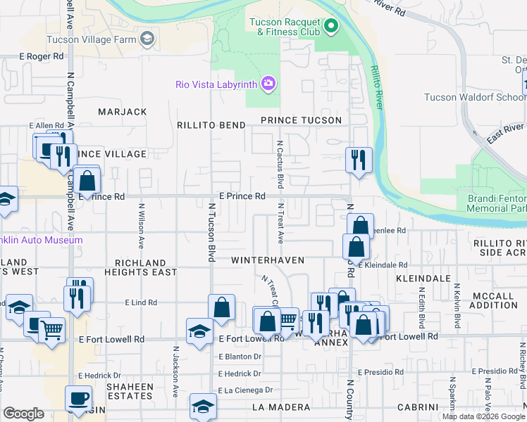 map of restaurants, bars, coffee shops, grocery stores, and more near 2602 East Windsor Street in Tucson