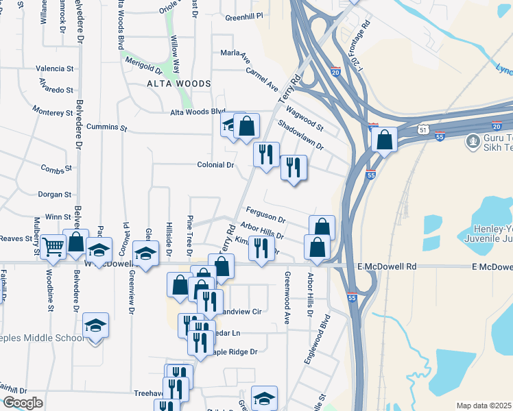 map of restaurants, bars, coffee shops, grocery stores, and more near 135 Ferguson Drive in Jackson